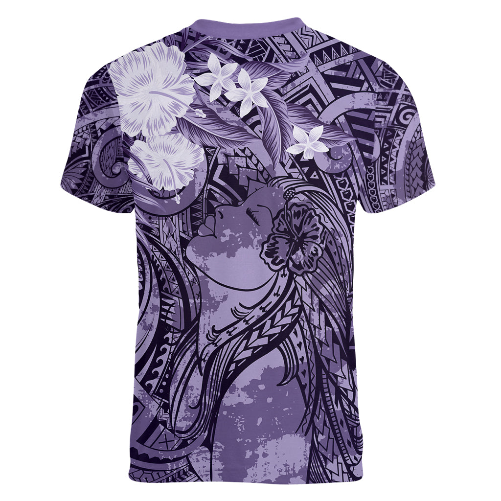 Pacific Beauty Girl Women V-Neck T-Shirt Violet Polyneisan Tribal Vintage Motif