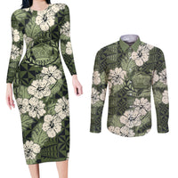 Tongan Kupesi Ngatu Hibiscus Vintage Motif Couples Matching Long Sleeve Bodycon Dress and Long Sleeve Button Shirt LT9 Green - Polynesian Pride