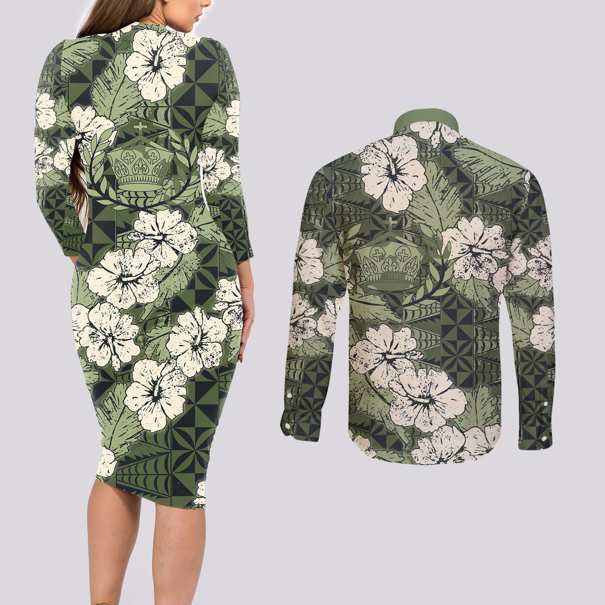 Tongan Kupesi Ngatu Hibiscus Vintage Motif Couples Matching Long Sleeve Bodycon Dress and Long Sleeve Button Shirt LT9 - Polynesian Pride