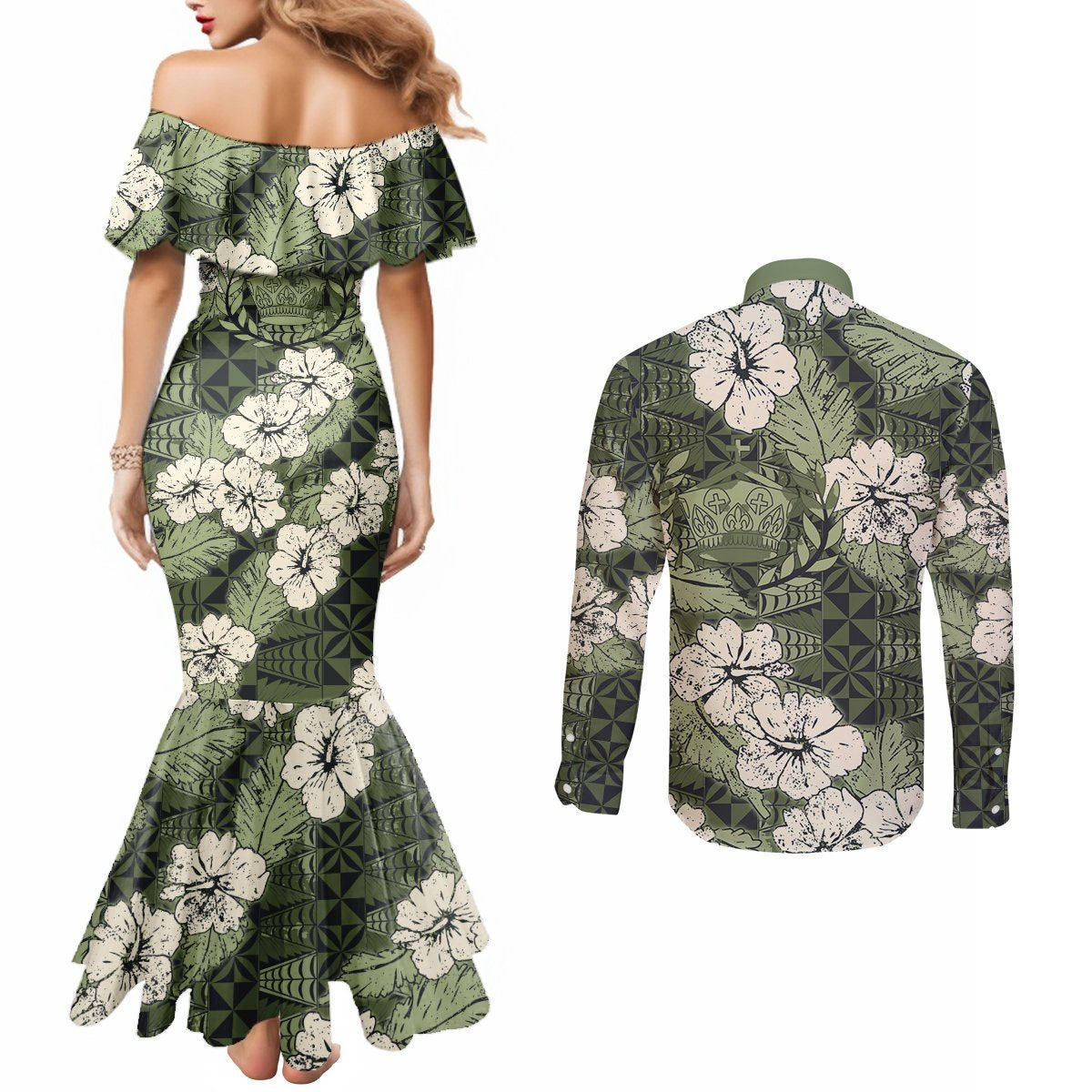 Tongan Kupesi Ngatu Hibiscus Vintage Motif Couples Matching Mermaid Dress and Long Sleeve Button Shirt LT9 - Polynesian Pride