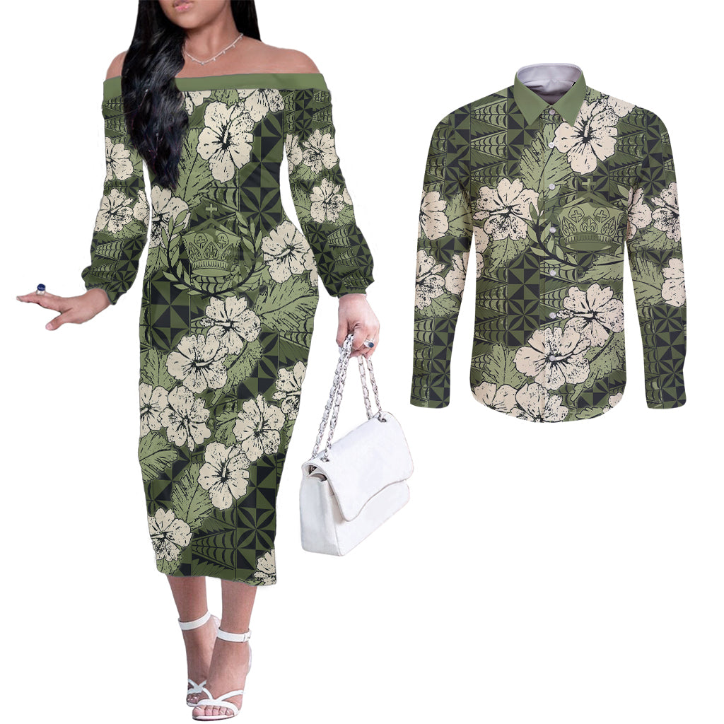 Tongan Kupesi Ngatu Hibiscus Vintage Motif Couples Matching Off The Shoulder Long Sleeve Dress and Long Sleeve Button Shirt LT9 Green - Polynesian Pride