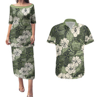 Tongan Kupesi Ngatu Hibiscus Vintage Motif Couples Matching Puletasi and Hawaiian Shirt LT9 Green - Polynesian Pride