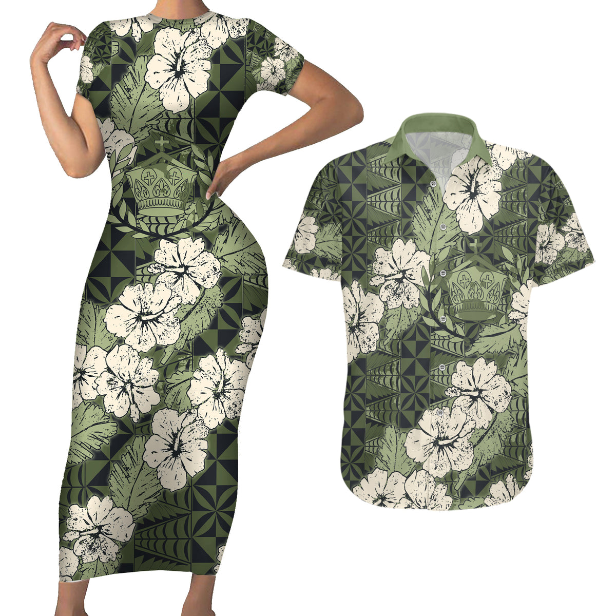 Tongan Kupesi Ngatu Hibiscus Vintage Motif Couples Matching Short Sleeve Bodycon Dress and Hawaiian Shirt LT9 Green - Polynesian Pride