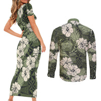 Tongan Kupesi Ngatu Hibiscus Vintage Motif Couples Matching Short Sleeve Bodycon Dress and Long Sleeve Button Shirt LT9 - Polynesian Pride