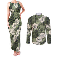 Tongan Kupesi Ngatu Hibiscus Vintage Motif Couples Matching Tank Maxi Dress and Long Sleeve Button Shirt LT9 Green - Polynesian Pride