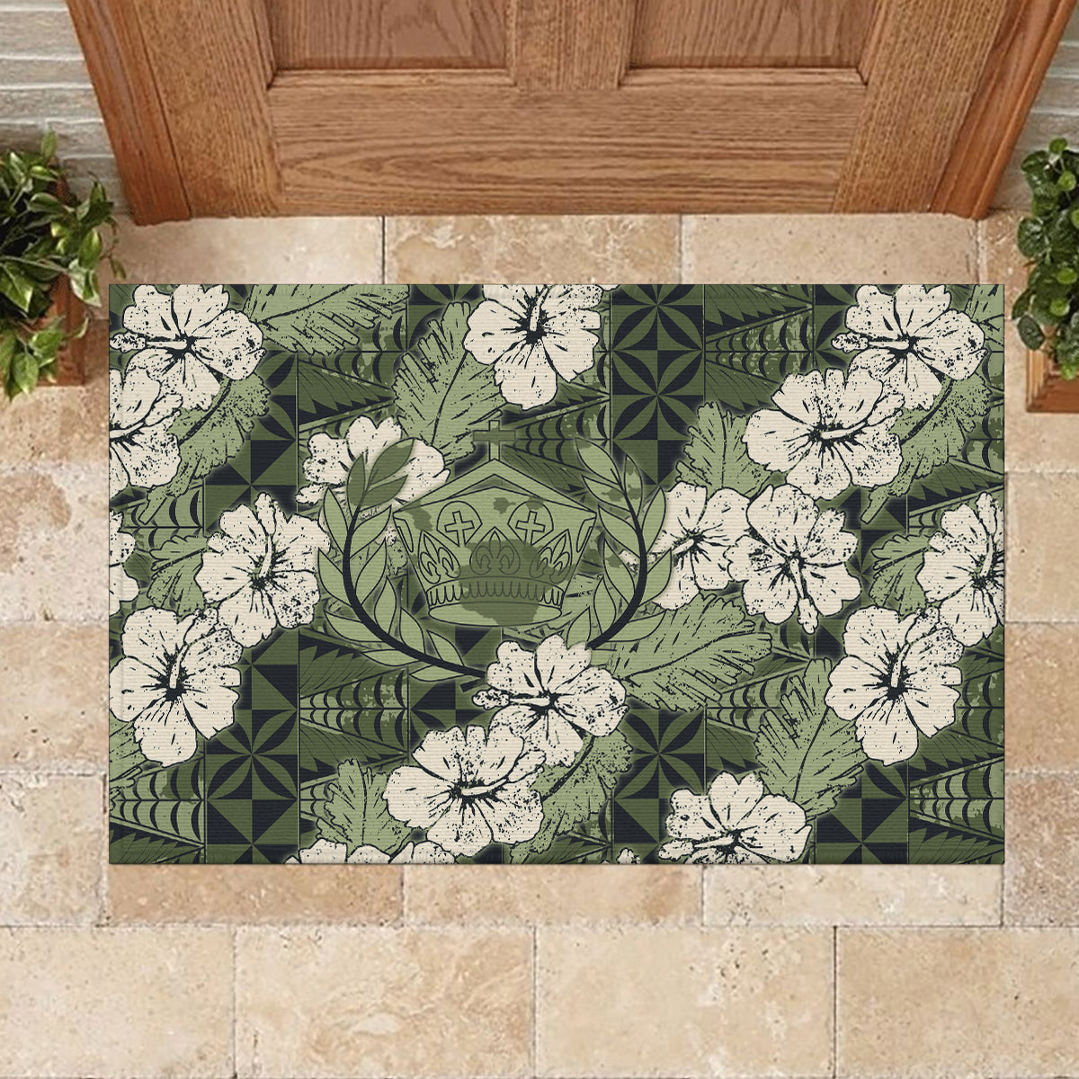Tongan Kupesi Ngatu Hibiscus Vintage Motif Rubber Doormat