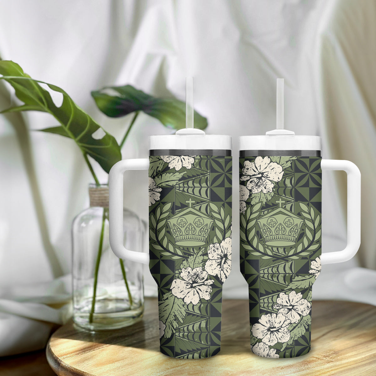 Tongan Kupesi Ngatu Hibiscus Vintage Motif Tumbler With Handle