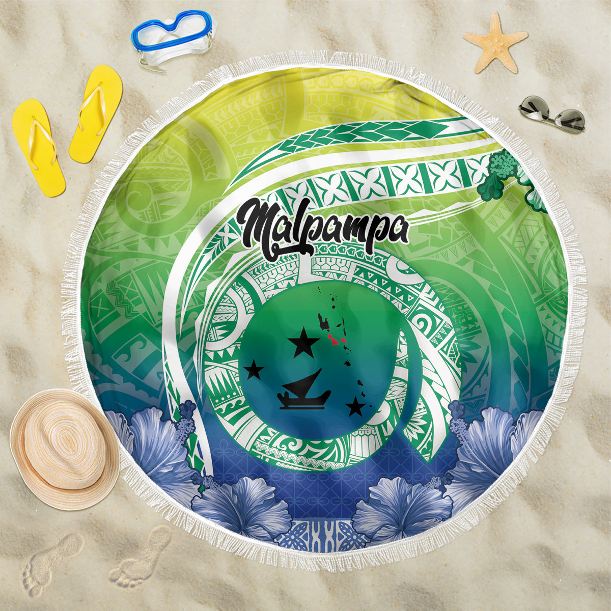 Malpampa Vanuatu Beach Blanket Hibiscus Sand Drawing with Pacific Pattern