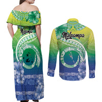Malpampa Vanuatu Couples Matching Off Shoulder Maxi Dress and Long Sleeve Button Shirt Hibiscus Sand Drawing with Pacific Pattern