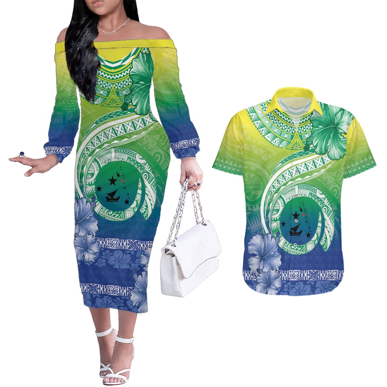 Malpampa Vanuatu Couples Matching Off The Shoulder Long Sleeve Dress and Hawaiian Shirt Hibiscus Sand Drawing with Pacific Pattern