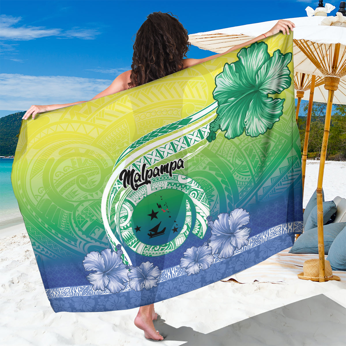 Malpampa Vanuatu Sarong Hibiscus Sand Drawing with Pacific Pattern