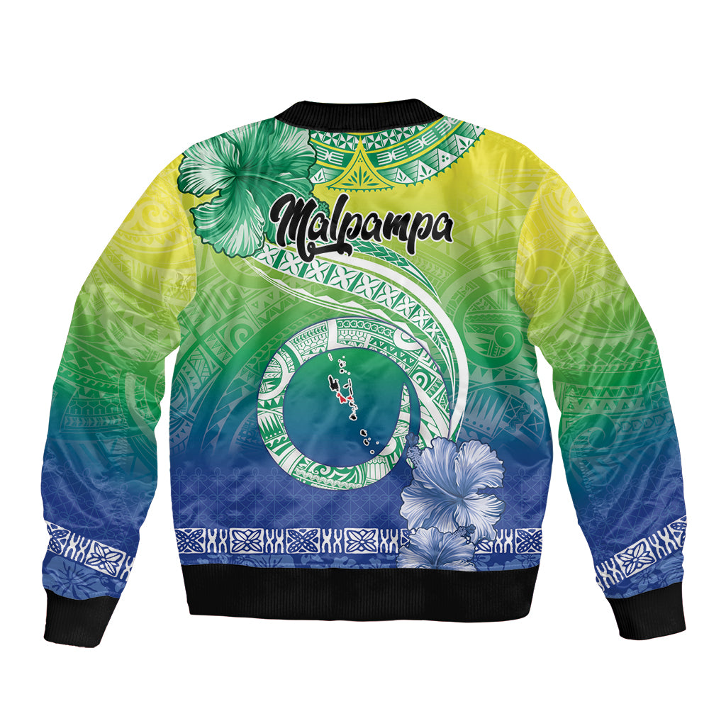 Malpampa Vanuatu Sleeve Zip Bomber Jacket Hibiscus Sand Drawing with Pacific Pattern