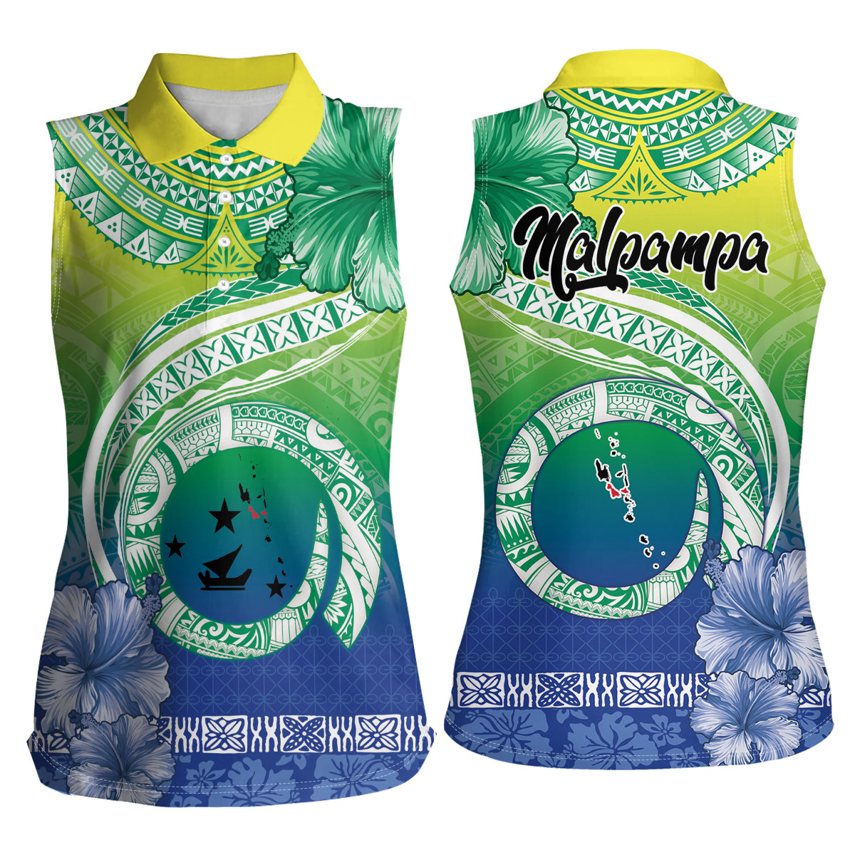 Malpampa Vanuatu Women Sleeveless Polo Shirt Hibiscus Sand Drawing with Pacific Pattern