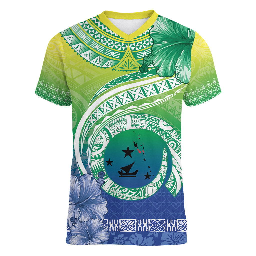 Malpampa Vanuatu Women V-Neck T-Shirt Hibiscus Sand Drawing with Pacific Pattern
