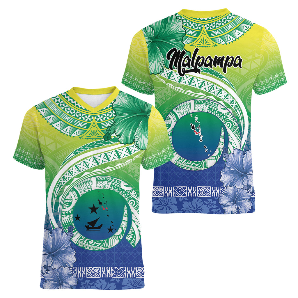 Malpampa Vanuatu Women V-Neck T-Shirt Hibiscus Sand Drawing with Pacific Pattern