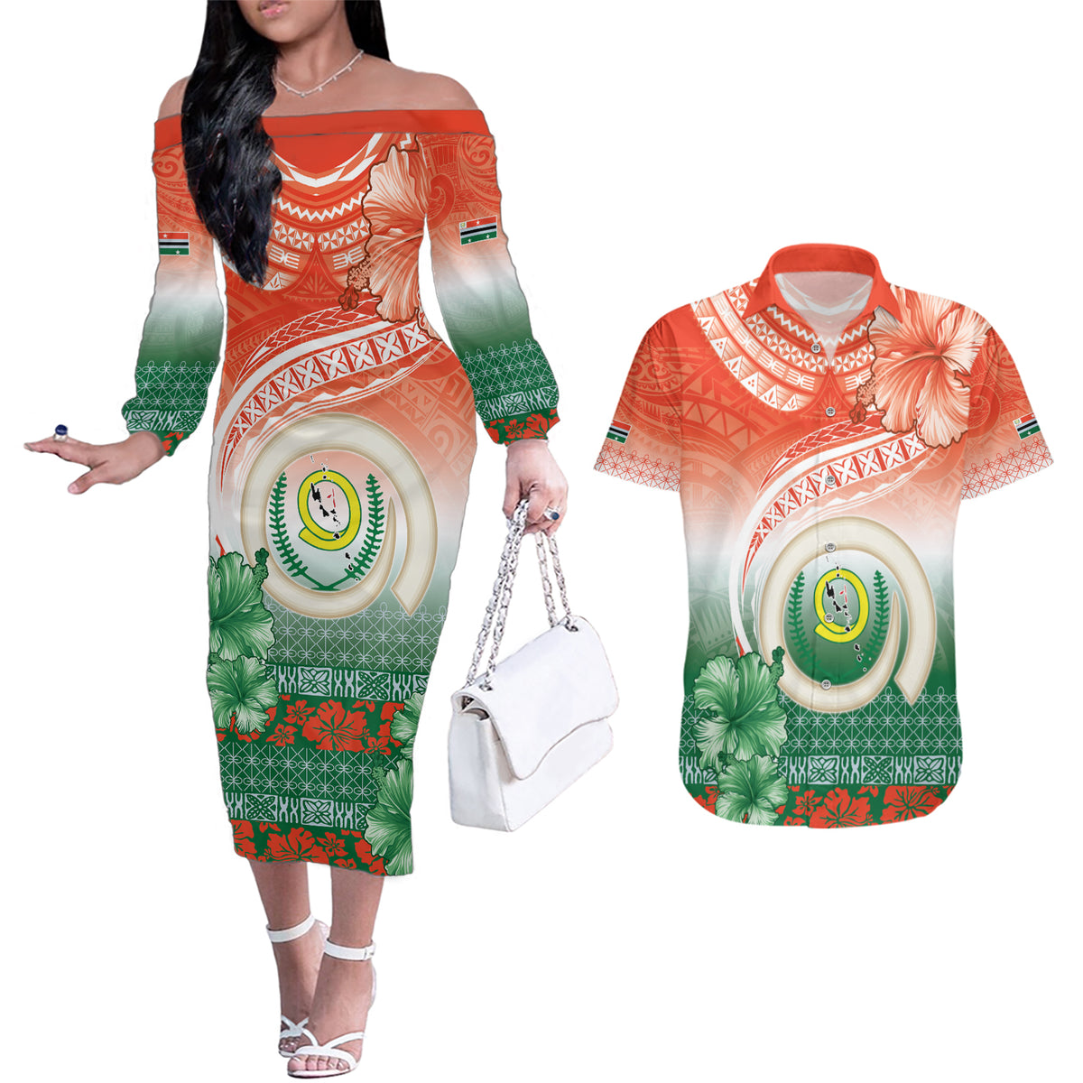 Penama Vanuatu Couples Matching Off The Shoulder Long Sleeve Dress and Hawaiian Shirt Hibiscus Sand Drawing with Pacific Pattern