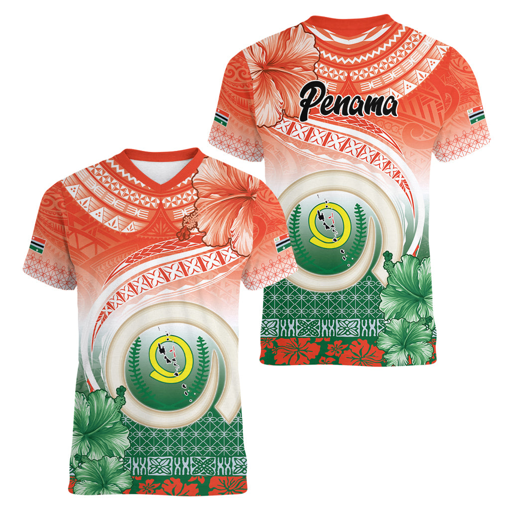 Penama Vanuatu Women V-Neck T-Shirt Hibiscus Sand Drawing with Pacific Pattern