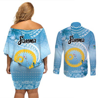 Sanma Vanuatu Couples Matching Off Shoulder Short Dress and Long Sleeve Button Shirt Hibiscus Sand Drawing with Pacific Pattern