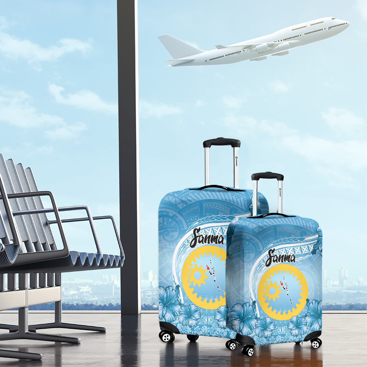 Sanma Vanuatu Luggage Cover Hibiscus Sand Drawing with Pacific Pattern