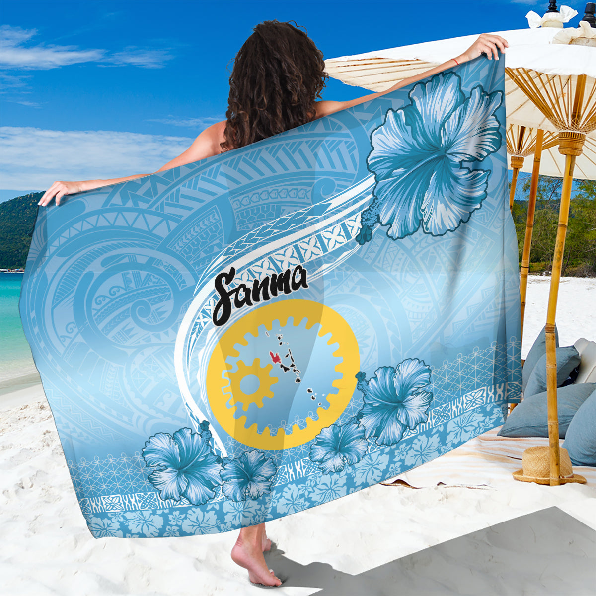 Sanma Vanuatu Sarong Hibiscus Sand Drawing with Pacific Pattern