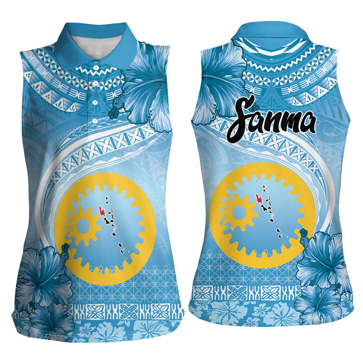 Sanma Vanuatu Women Sleeveless Polo Shirt Hibiscus Sand Drawing with Pacific Pattern