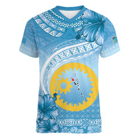 Sanma Vanuatu Women V-Neck T-Shirt Hibiscus Sand Drawing with Pacific Pattern