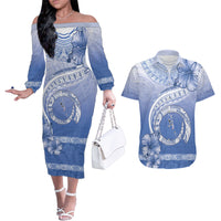 Shefa Vanuatu Couples Matching Off The Shoulder Long Sleeve Dress and Hawaiian Shirt Hibiscus Sand Drawing with Pacific Pattern