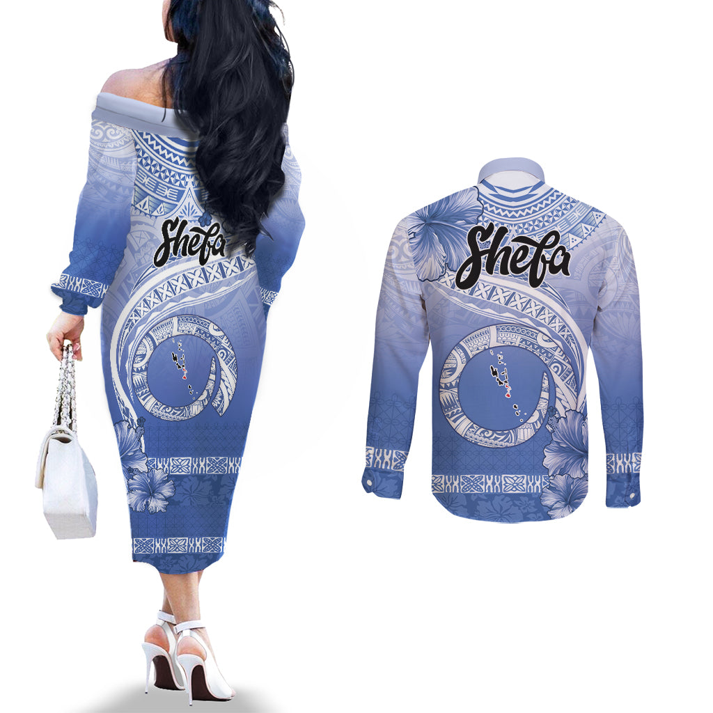 Shefa Vanuatu Couples Matching Off The Shoulder Long Sleeve Dress and Long Sleeve Button Shirt Hibiscus Sand Drawing with Pacific Pattern