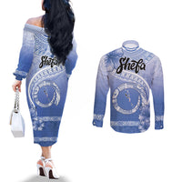 Shefa Vanuatu Couples Matching Off The Shoulder Long Sleeve Dress and Long Sleeve Button Shirt Hibiscus Sand Drawing with Pacific Pattern