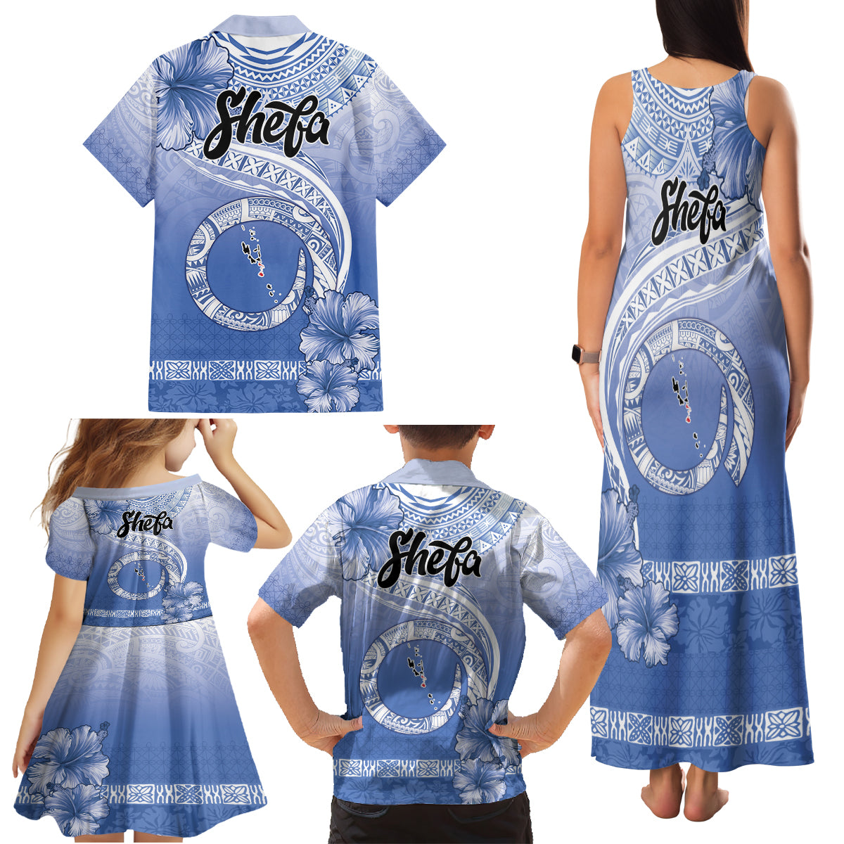 Shefa Vanuatu Family Matching Tank Maxi Dress and Hawaiian Shirt Hibiscus Sand Drawing with Pacific Pattern