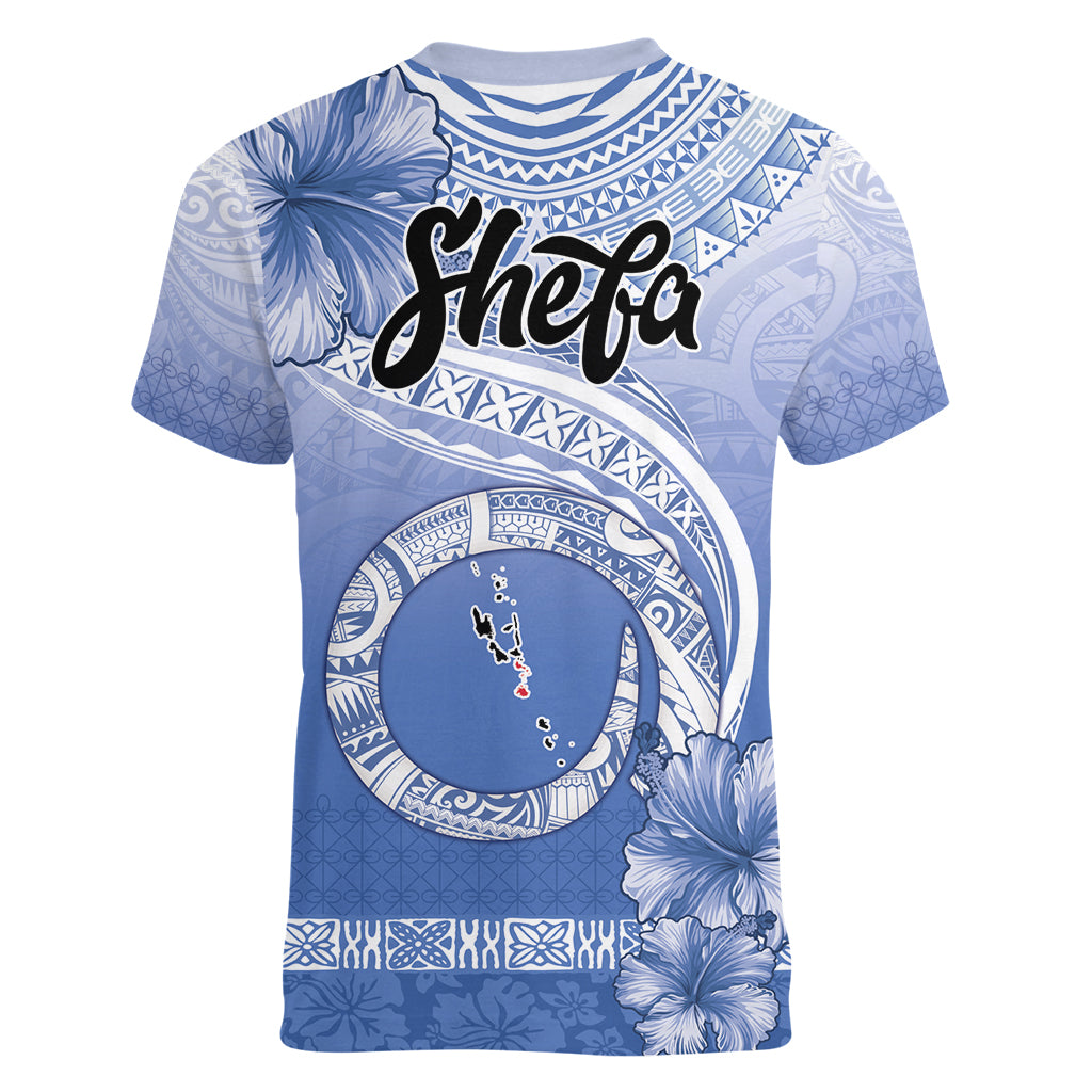 Shefa Vanuatu Women V-Neck T-Shirt Hibiscus Sand Drawing with Pacific Pattern