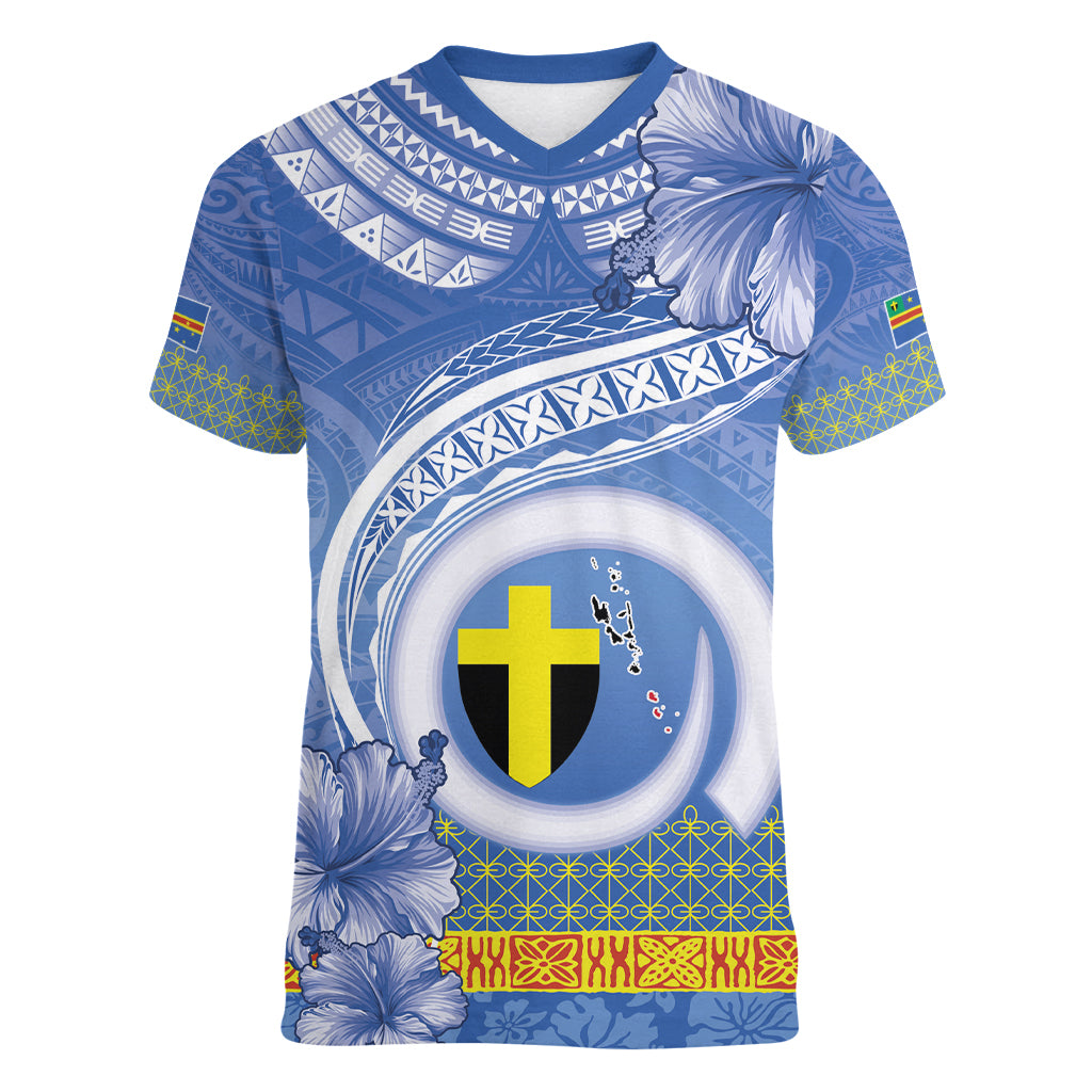 Tafea Vanuatu Women V-Neck T-Shirt Hibiscus Sand Drawing with Pacific Pattern
