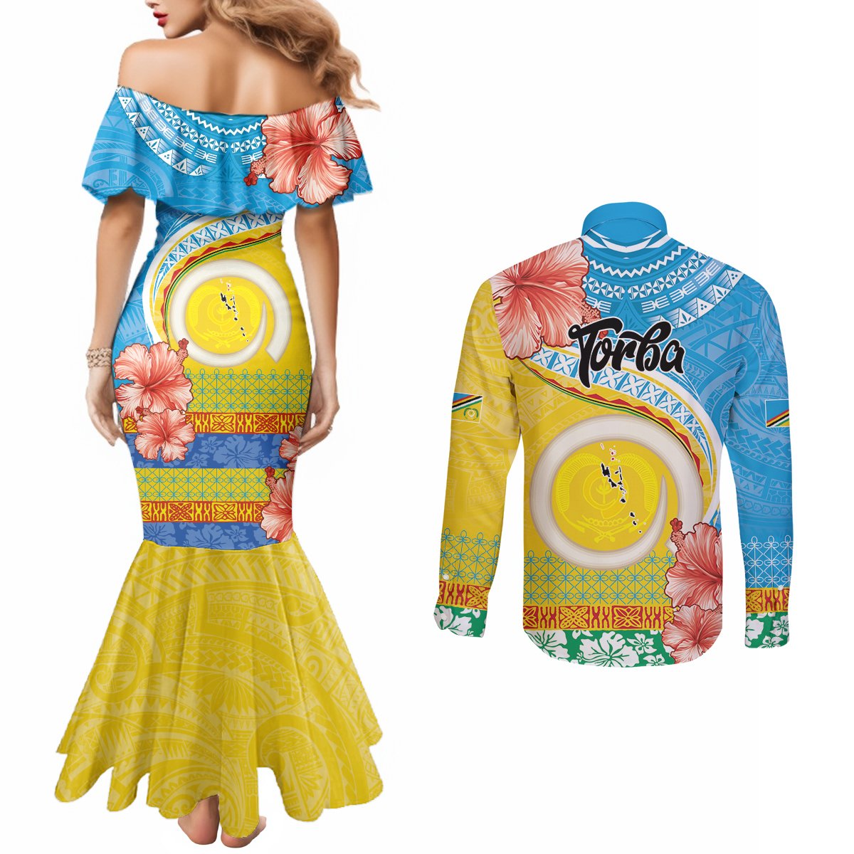 Torba Vanuatu Couples Matching Mermaid Dress and Long Sleeve Button Shirt Hibiscus Sand Drawing with Pacific Pattern