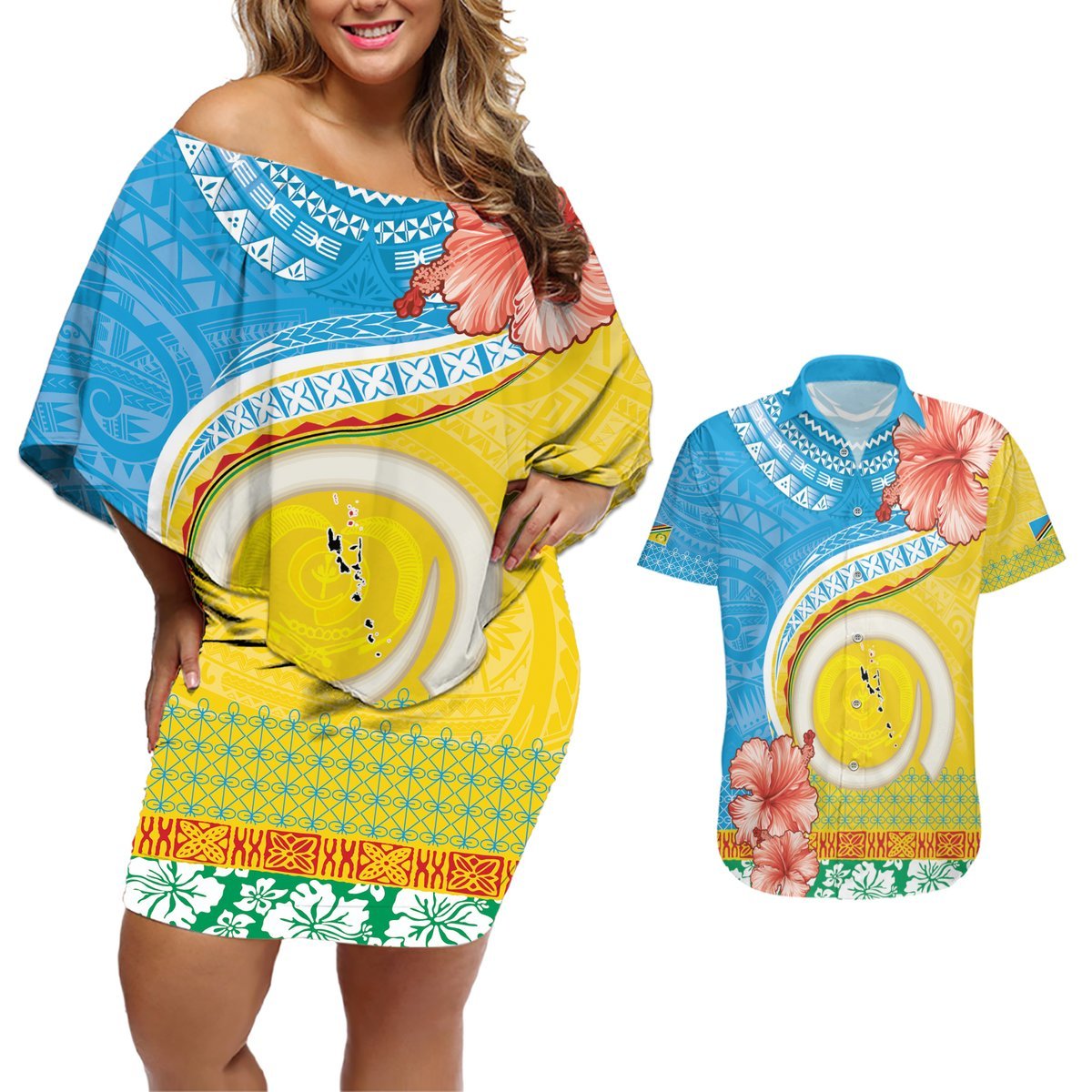 Torba Vanuatu Couples Matching Off Shoulder Short Dress and Hawaiian Shirt Hibiscus Sand Drawing with Pacific Pattern LT9 Green Gold - Polynesian Pride