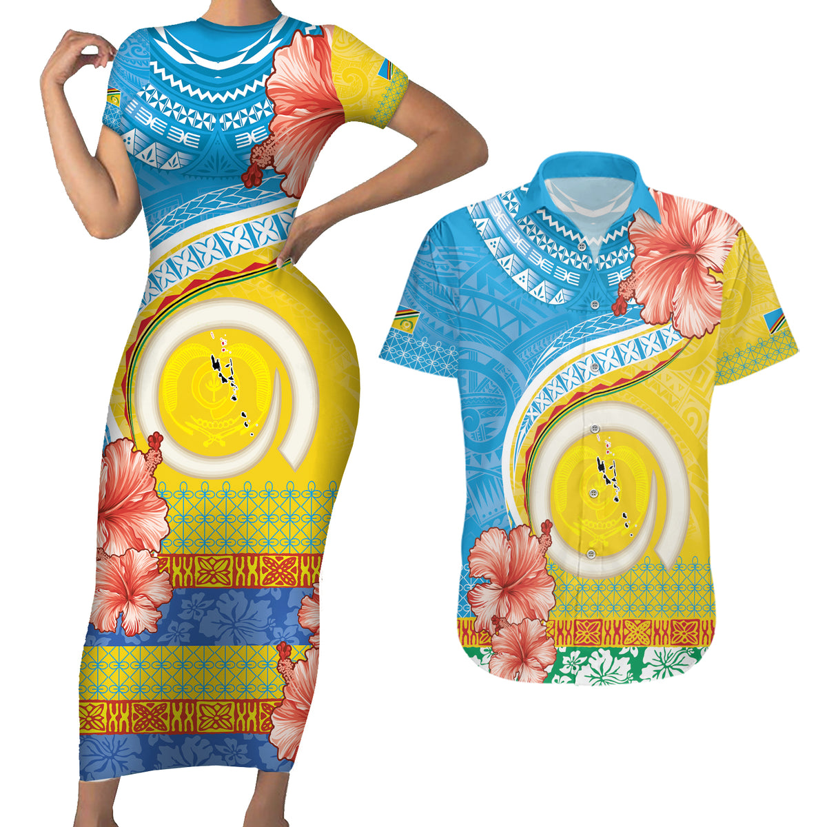 Torba Vanuatu Couples Matching Short Sleeve Bodycon Dress and Hawaiian Shirt Hibiscus Sand Drawing with Pacific Pattern LT9 Green Gold - Polynesian Pride