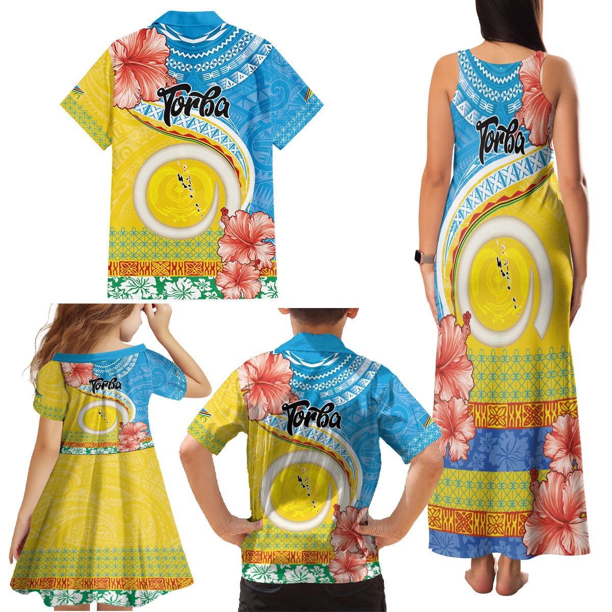 Torba Vanuatu Family Matching Tank Maxi Dress and Hawaiian Shirt Hibiscus Sand Drawing with Pacific Pattern