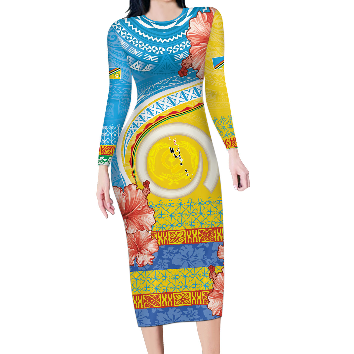 Torba Vanuatu Long Sleeve Bodycon Dress Hibiscus Sand Drawing with Pacific Pattern