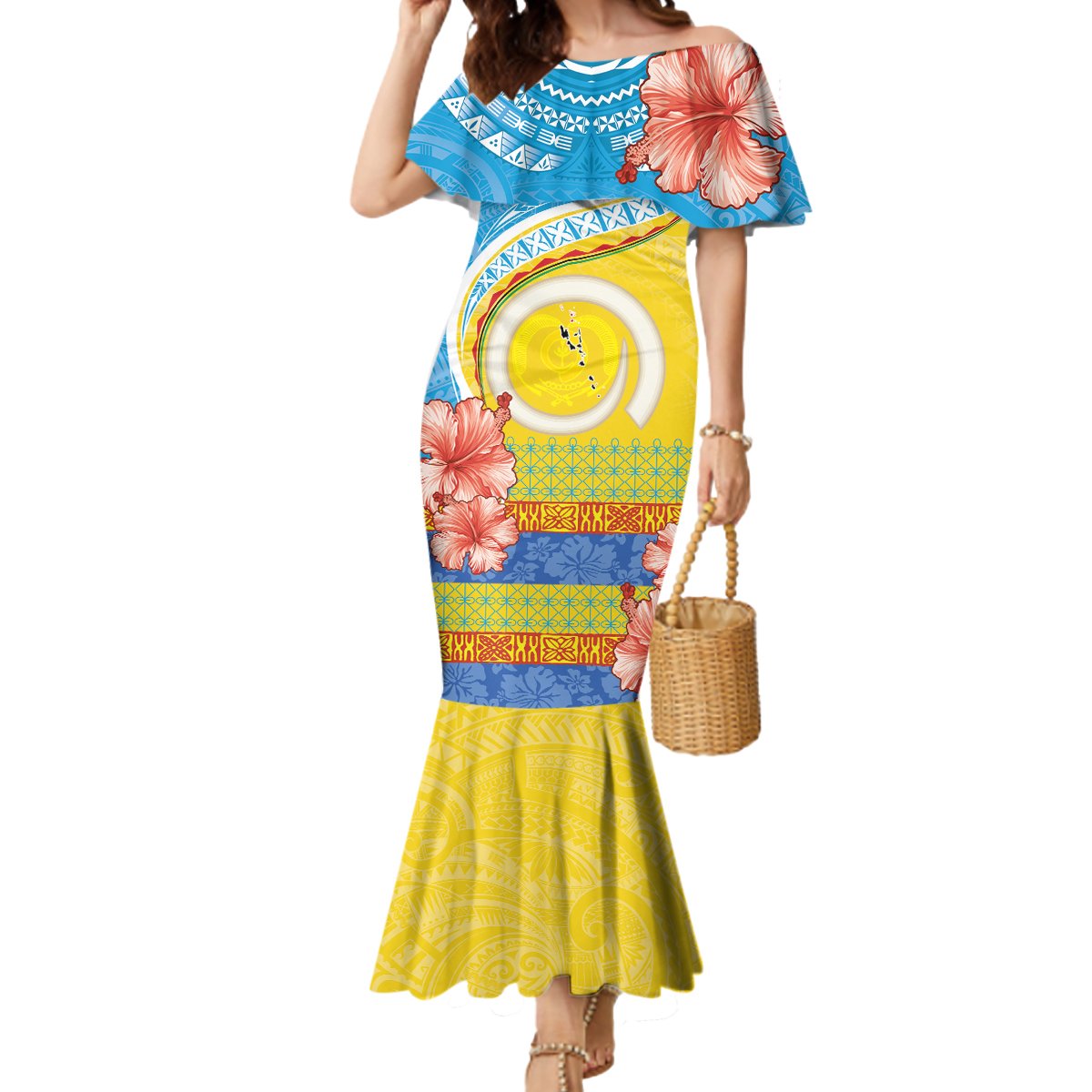Torba Vanuatu Mermaid Dress Hibiscus Sand Drawing with Pacific Pattern