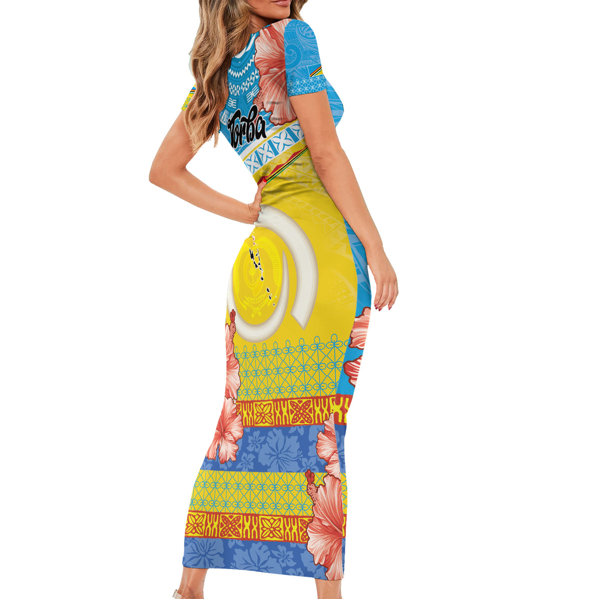 Torba Vanuatu Short Sleeve Bodycon Dress Hibiscus Sand Drawing with Pacific Pattern