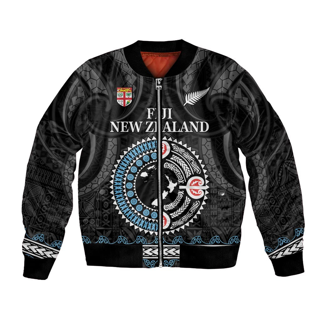 Custom Fiji and New Zealand Bomber Jacket Maori Fern Mix Tapa Tribal Unique LT9 Unisex Black - Polynesian Pride