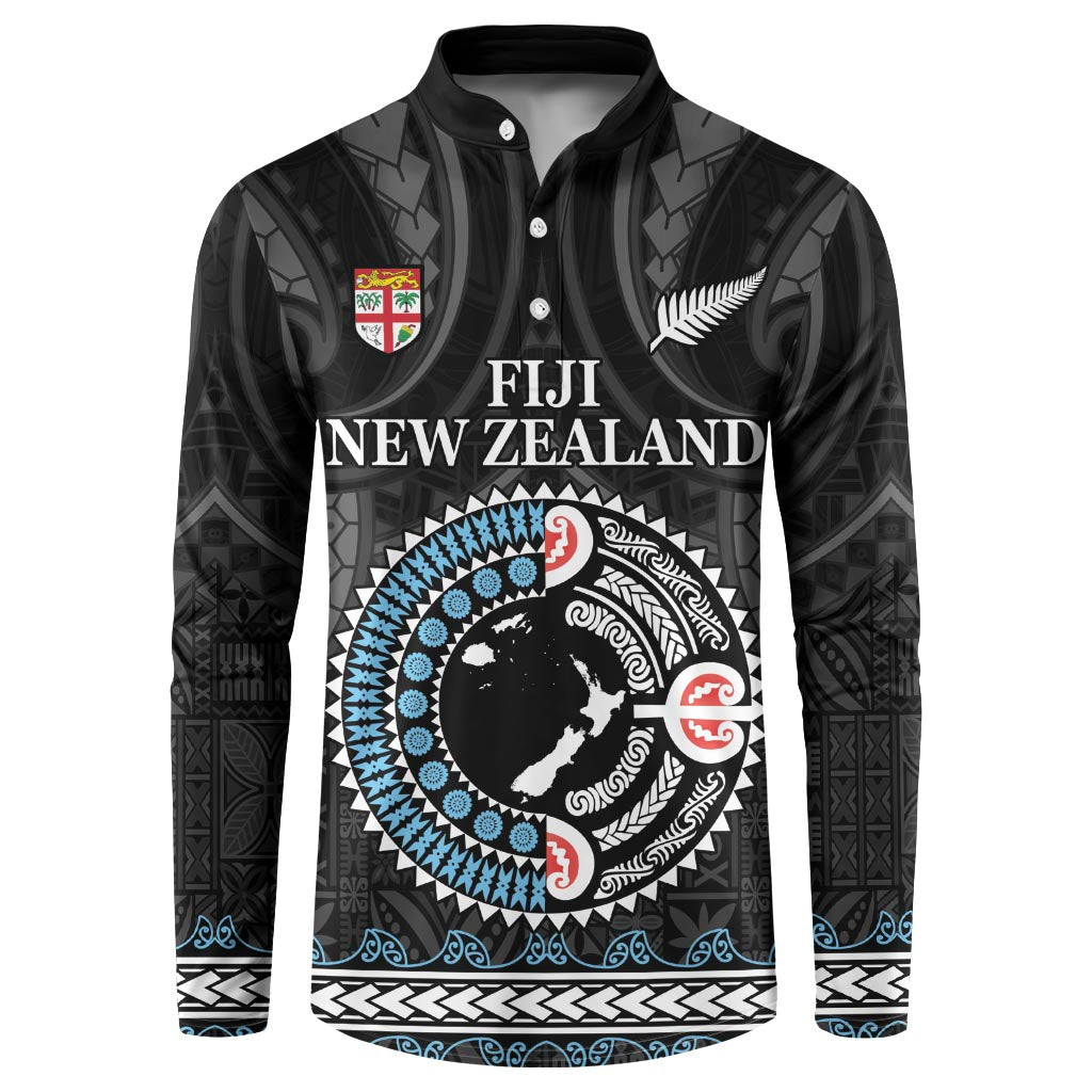 Custom Fiji and New Zealand Button Sweatshirt Maori Fern Mix Tapa Tribal Unique LT9 Black - Polynesian Pride