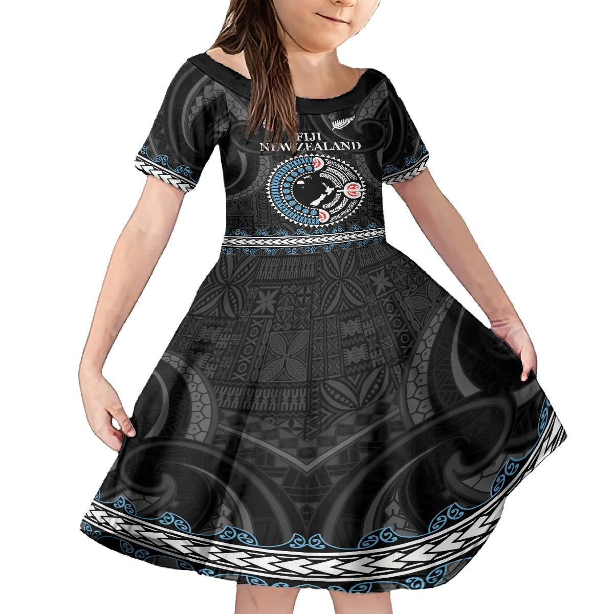 Custom Fiji and New Zealand Family Matching Off The Shoulder Long Sleeve Dress and Hawaiian Shirt Maori Fern Mix Tapa Tribal Unique LT9 Daughter's Dress Black - Polynesian Pride
