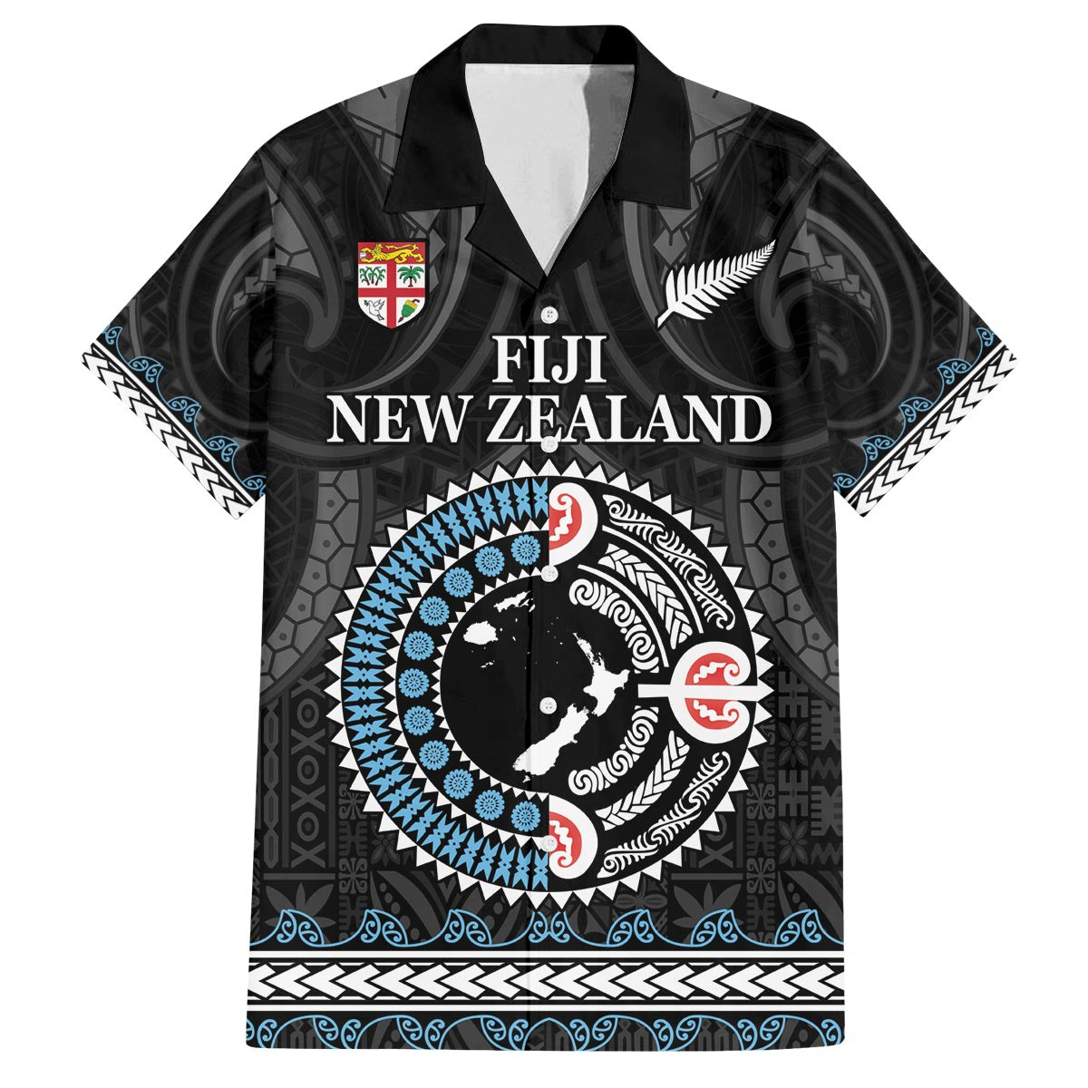 Custom Fiji and New Zealand Family Matching Puletasi and Hawaiian Shirt Maori Fern Mix Tapa Tribal Unique LT9 Dad's Shirt - Short Sleeve Black - Polynesian Pride