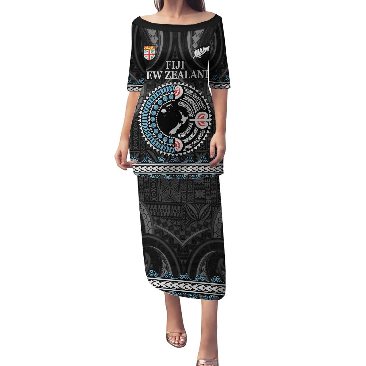 Custom Fiji and New Zealand Family Matching Puletasi and Hawaiian Shirt Maori Fern Mix Tapa Tribal Unique LT9 Mom's Dress Black - Polynesian Pride