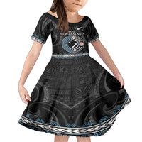 Custom Fiji and New Zealand Kid Short Sleeve Dress Maori Fern Mix Tapa Tribal Unique LT9 KID Black - Polynesian Pride