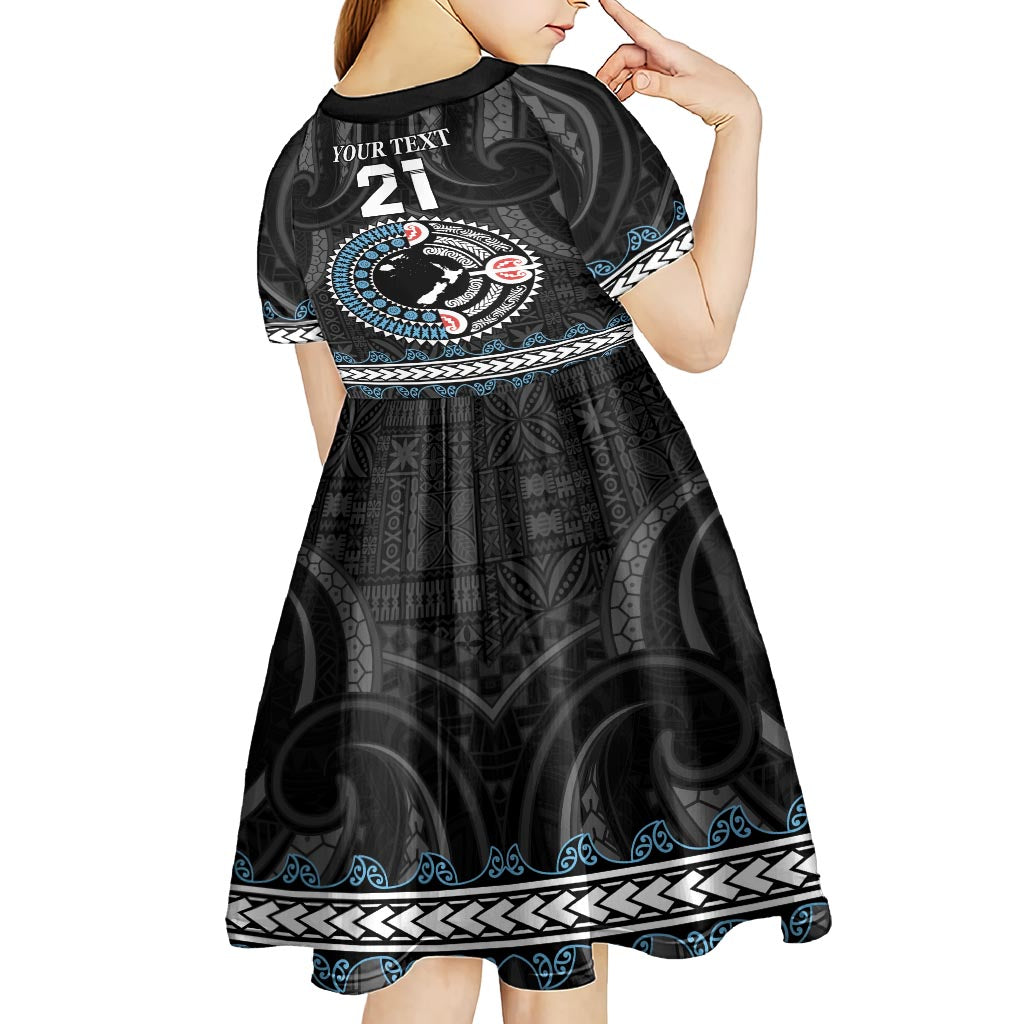 Custom Fiji and New Zealand Kid Short Sleeve Dress Maori Fern Mix Tapa Tribal Unique LT9 - Polynesian Pride