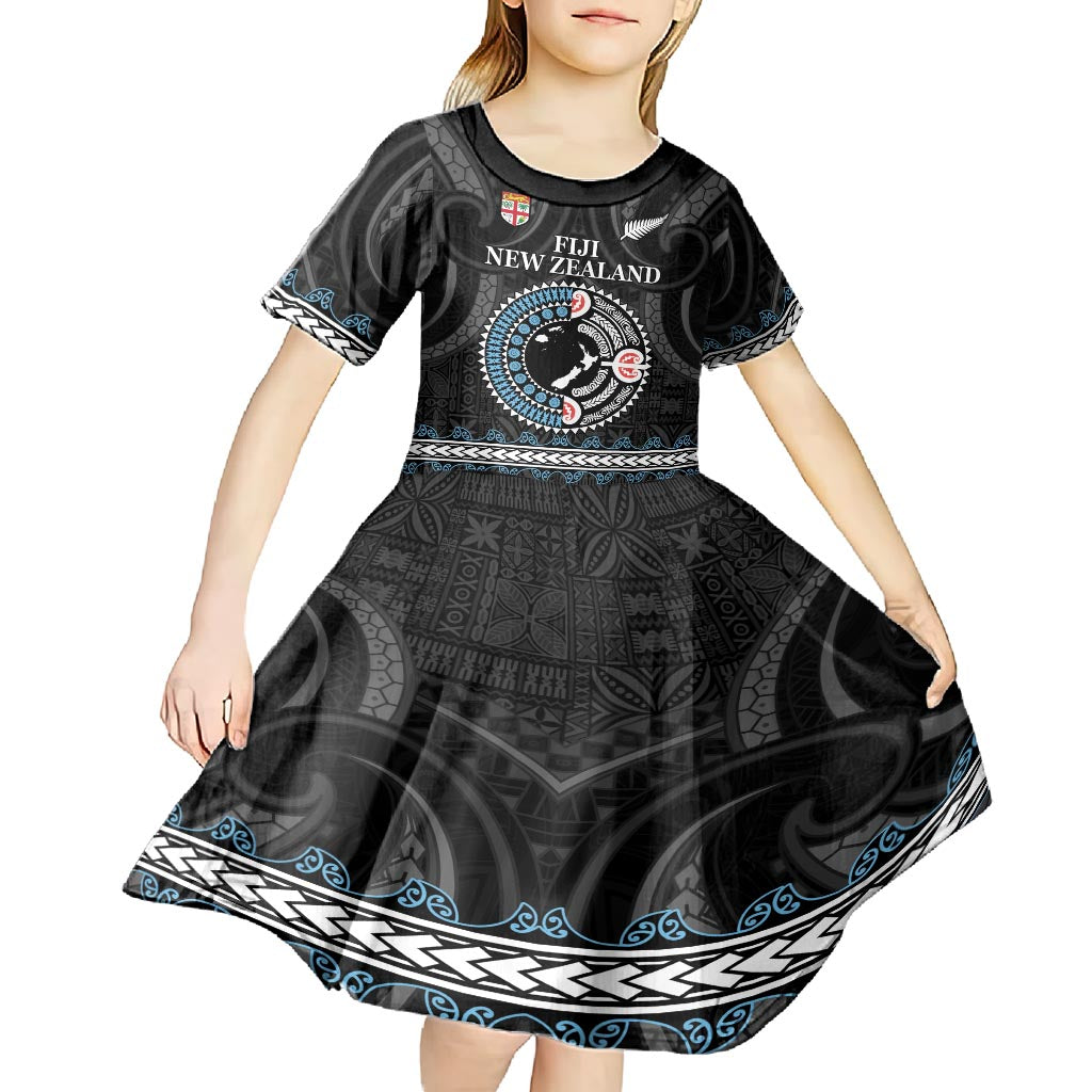 Custom Fiji and New Zealand Kid Short Sleeve Dress Maori Fern Mix Tapa Tribal Unique LT9 - Polynesian Pride