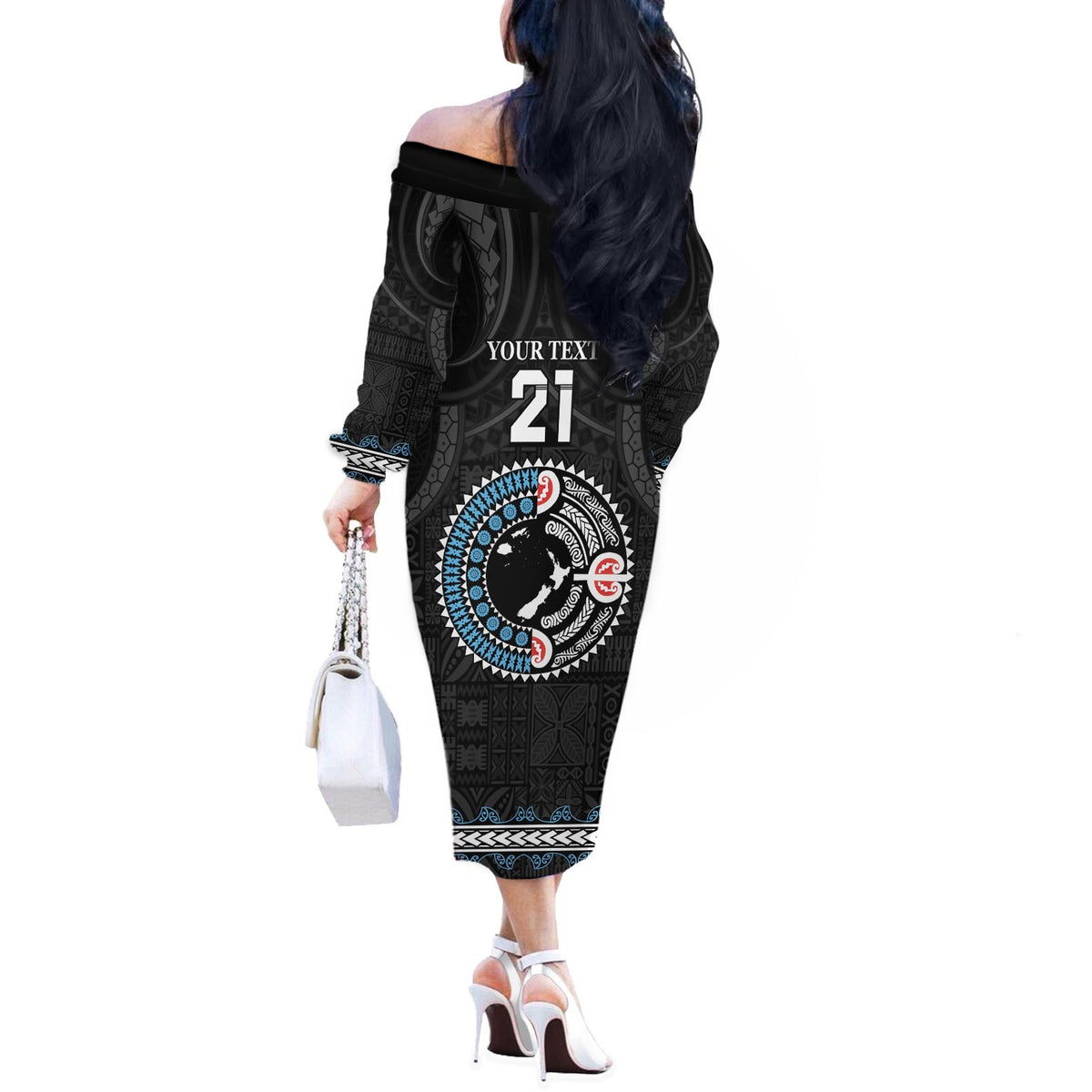 Custom Fiji and New Zealand Off The Shoulder Long Sleeve Dress Maori Fern Mix Tapa Tribal Unique LT9 - Polynesian Pride