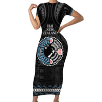 Custom Fiji and New Zealand Short Sleeve Bodycon Dress Maori Fern Mix Tapa Tribal Unique LT9 Long Dress Black - Polynesian Pride