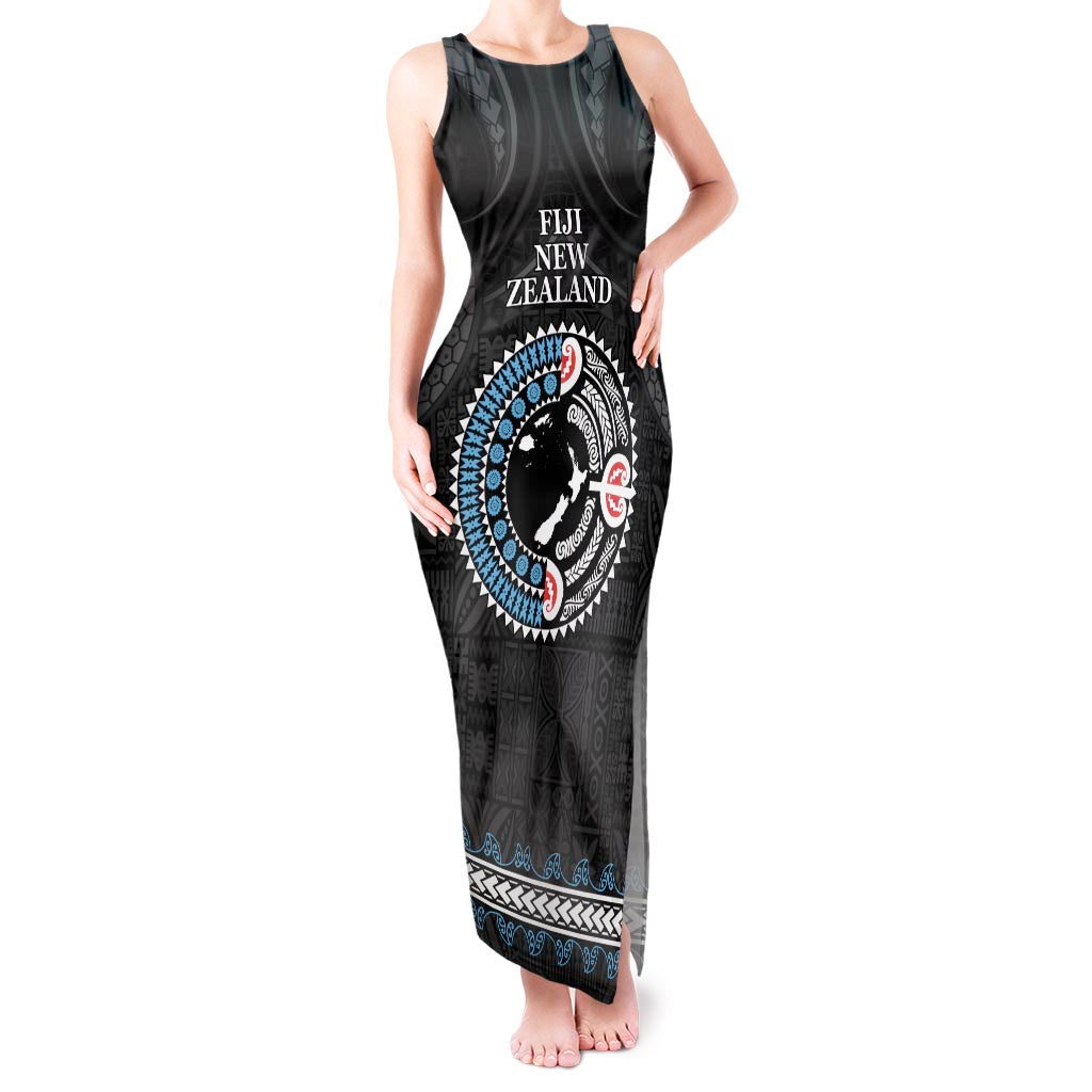 Custom Fiji and New Zealand Tank Maxi Dress Maori Fern Mix Tapa Tribal Unique LT9 Women Black - Polynesian Pride